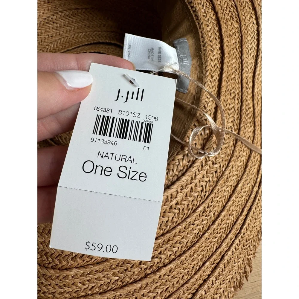 J. Jill Straw Sun Hat Wide Frayed Brim Pom Poms Natural Tan